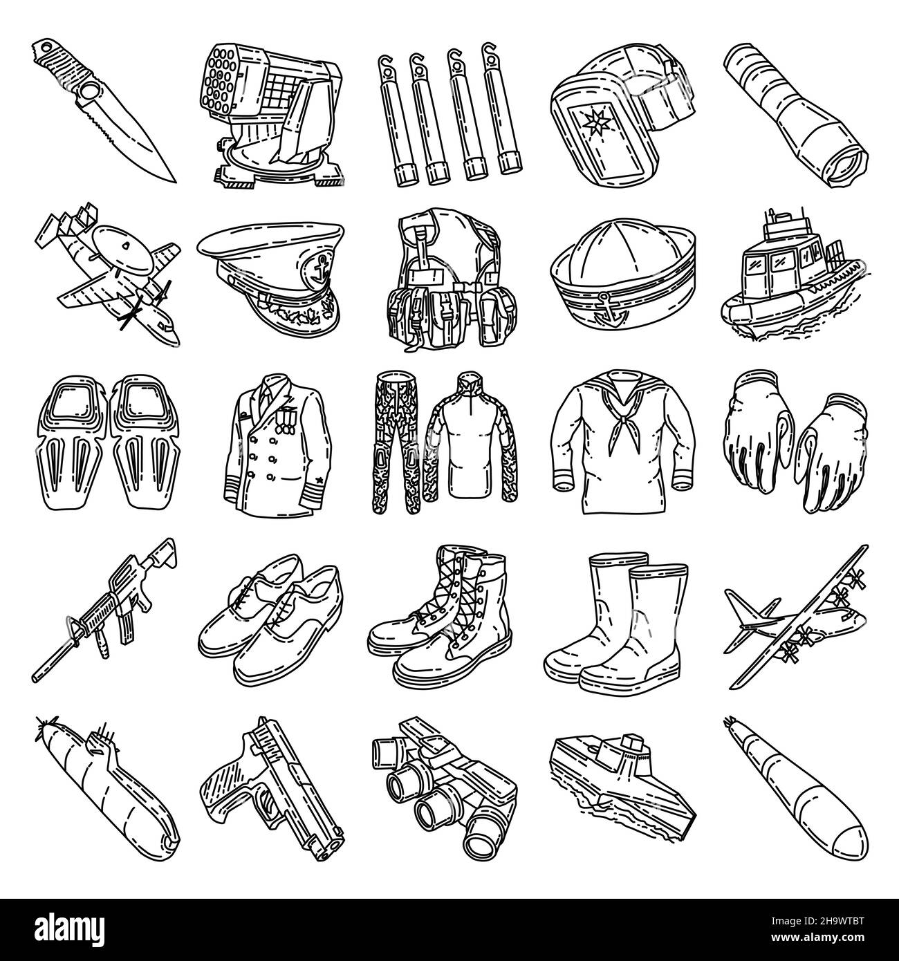 Military and Navy Force Equipments Hand Drawn Icon Set Vector. Stock Vector