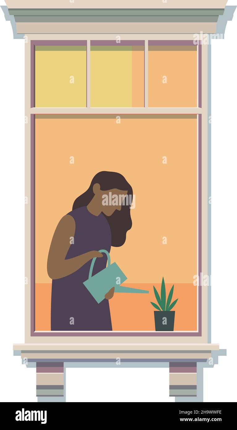 Window frame with neighbor watering flowers inside Stock Vector Image