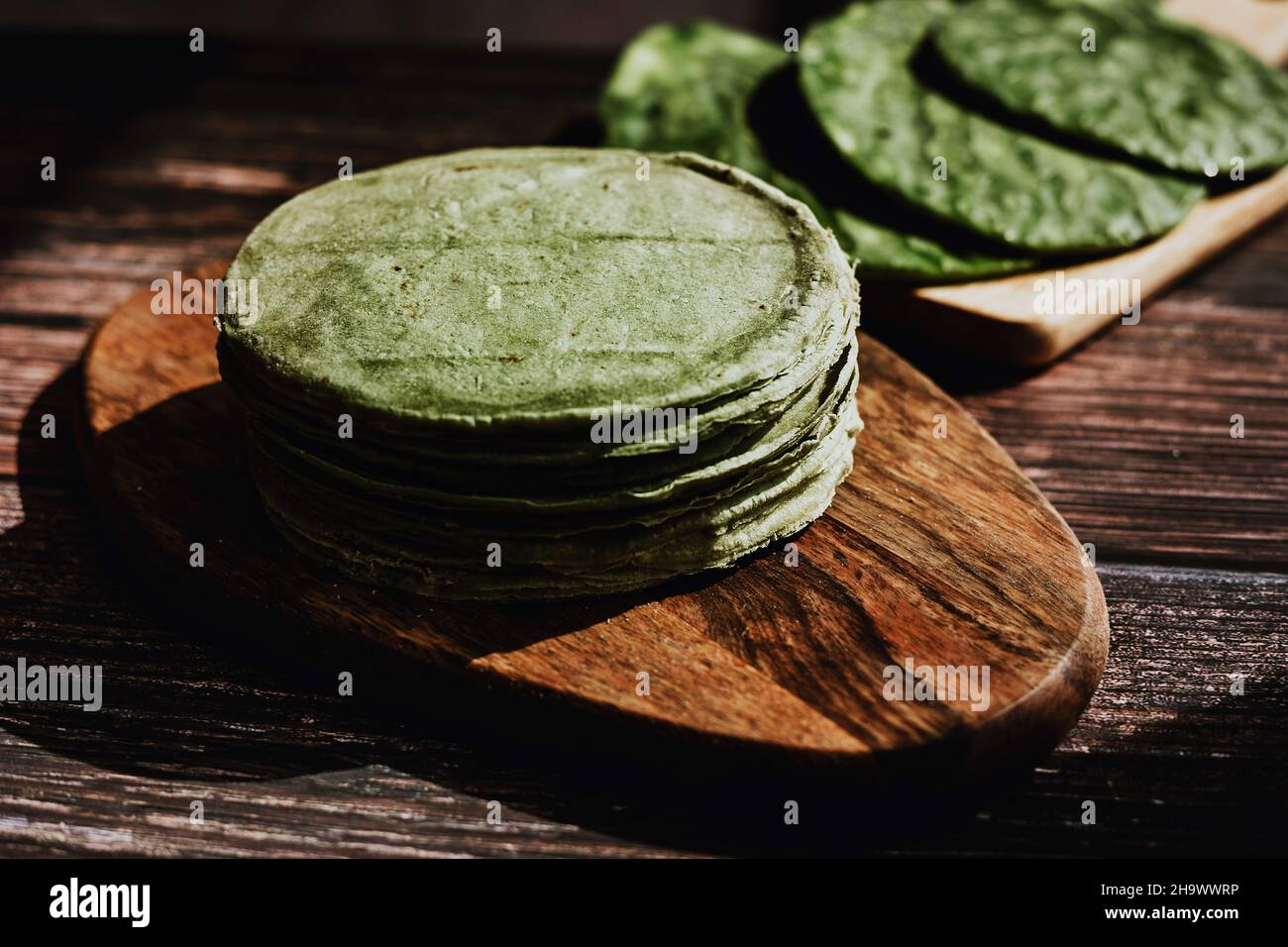 Mexican tortillas made with nopal in color green healthy vegan and organic food in Mexico Stock Photo