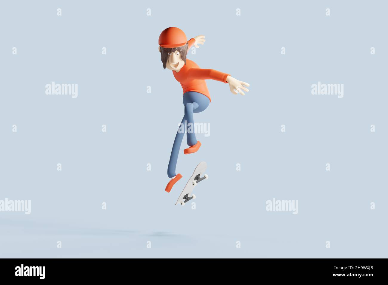 Joyful teen skateboarder boy in a dynamic skateboarding pose. 2D ...