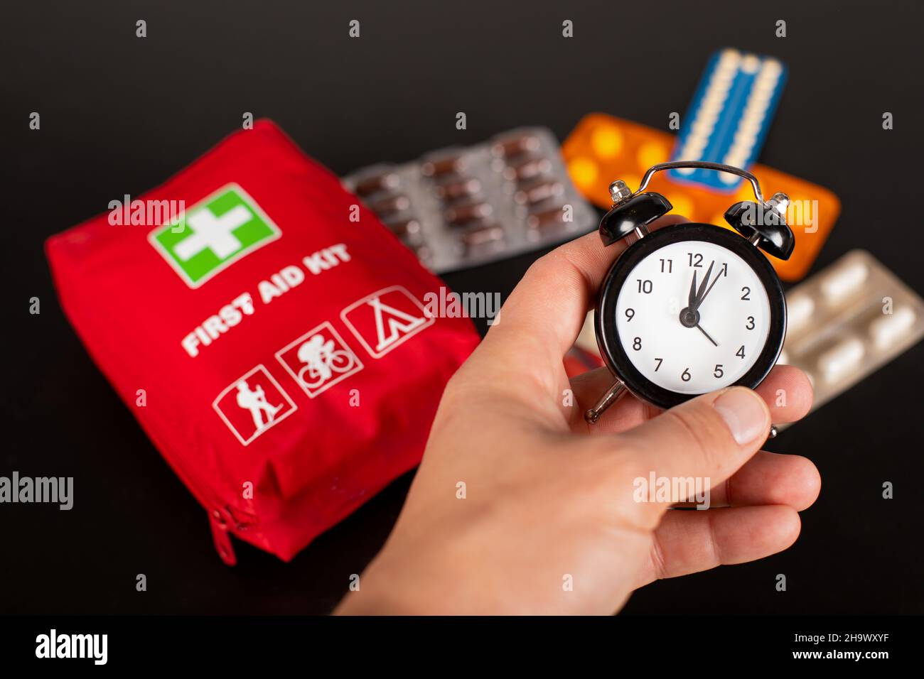 Top view of a first aid medical kit on black background Stock Photo - Alamy