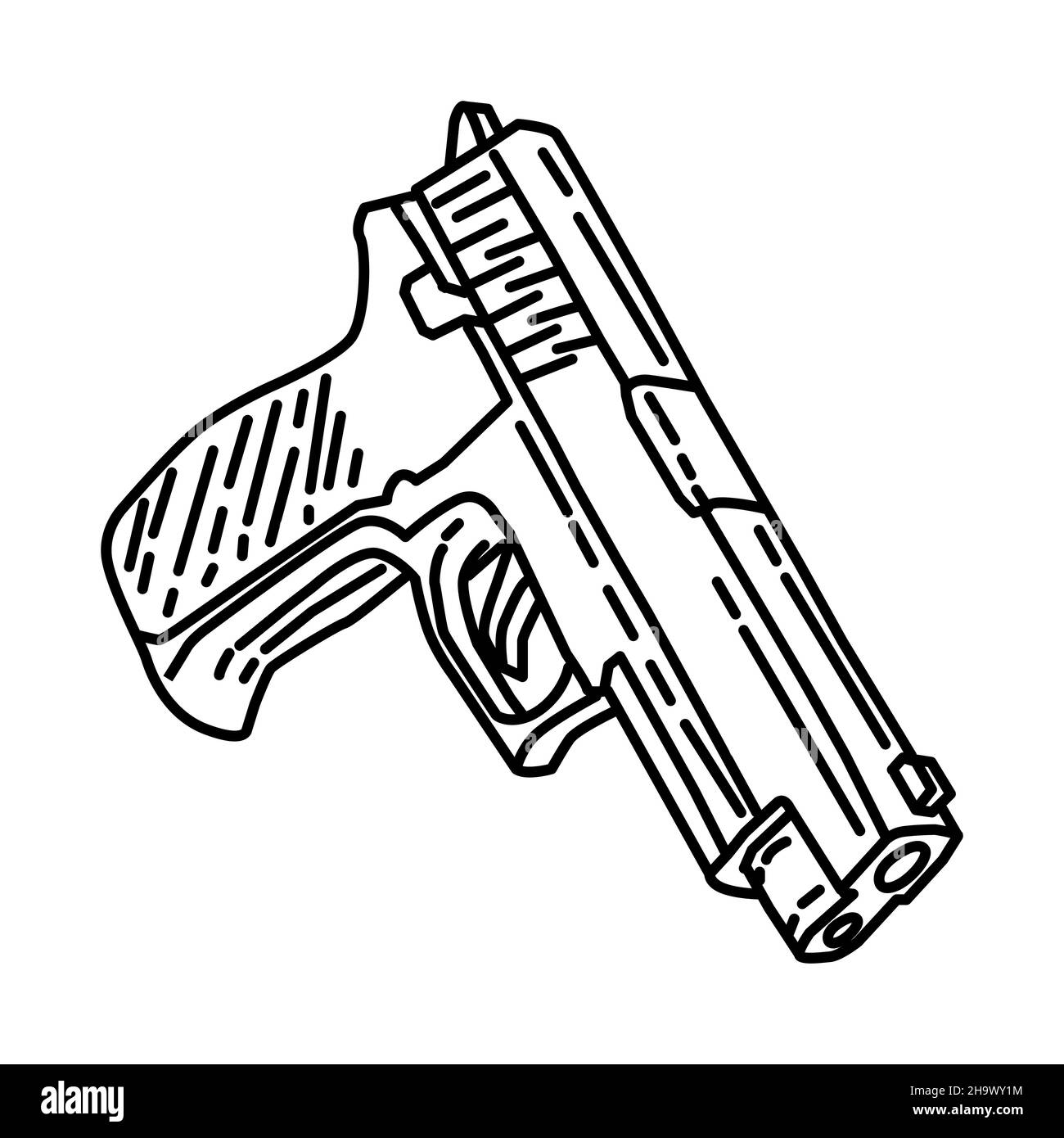 Navy Seal Handgun Part of Military and Navy Force Equipments Hand Drawn Icon Set Vector. Stock Vector