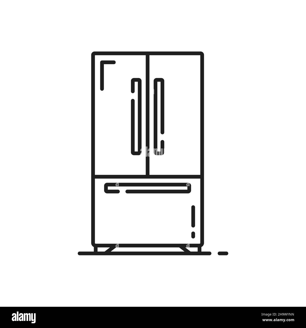 Double fridge, refrigerator with side-by-side door and down shelf freezer isolated outline icon. Vector industrial fridge showcase with three doors. K Stock Vector