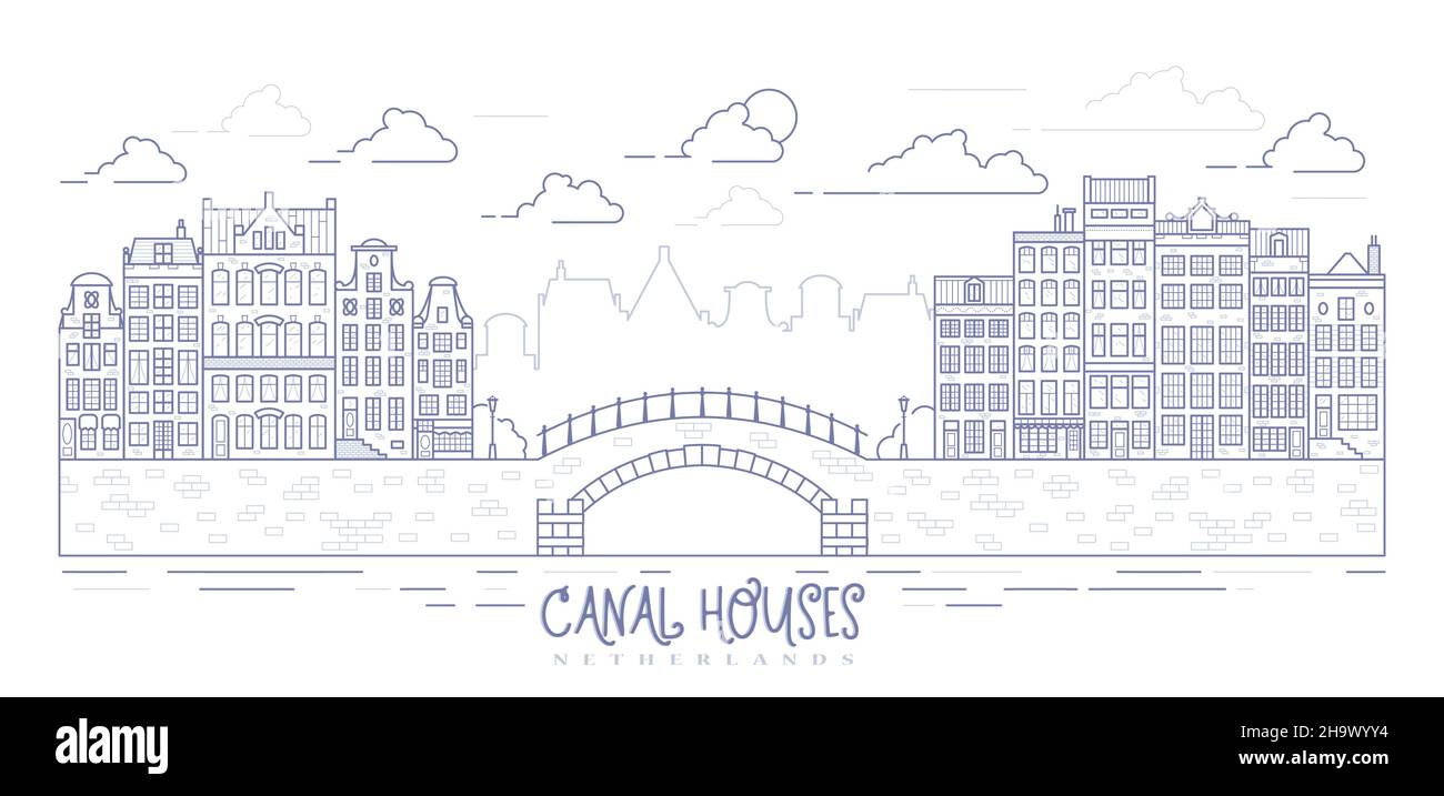 Amsterdam old style houses. Typical dutch canal homes lined up near a canal in the Netherlands. Building and facades on bridge. Vector outline Stock Vector