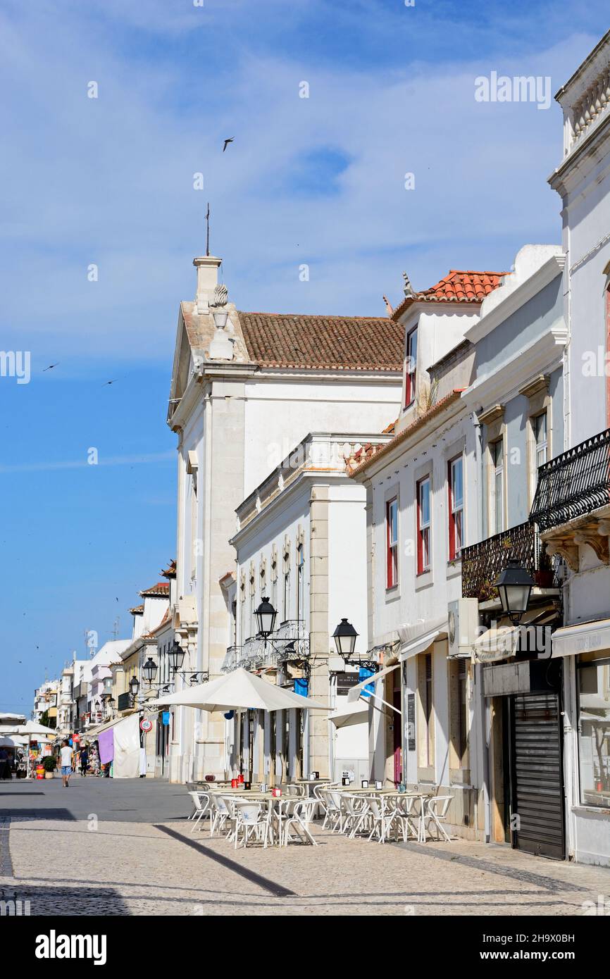 View of the church and shops in the Marquis of Pombal Square (Praca do Marques de Pombal), Vila Real de Santo Antonio, Algarve, Portugal, Europe. Stock Photo