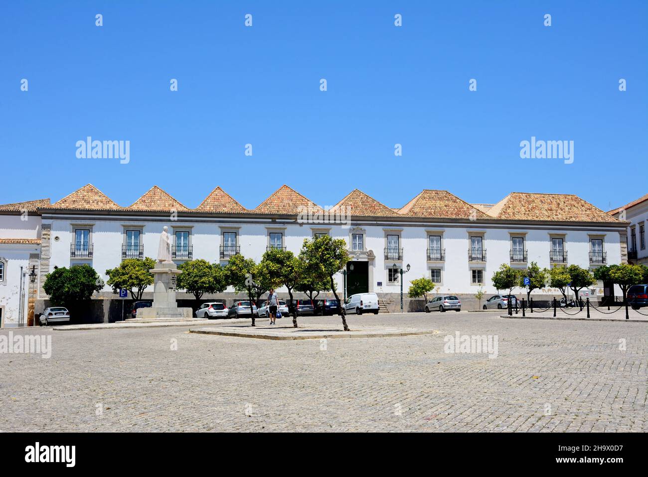 View of the buildings in the Praca Largo de Se in the city centre, Faro, Algarve, Portugal, Europe. Stock Photo