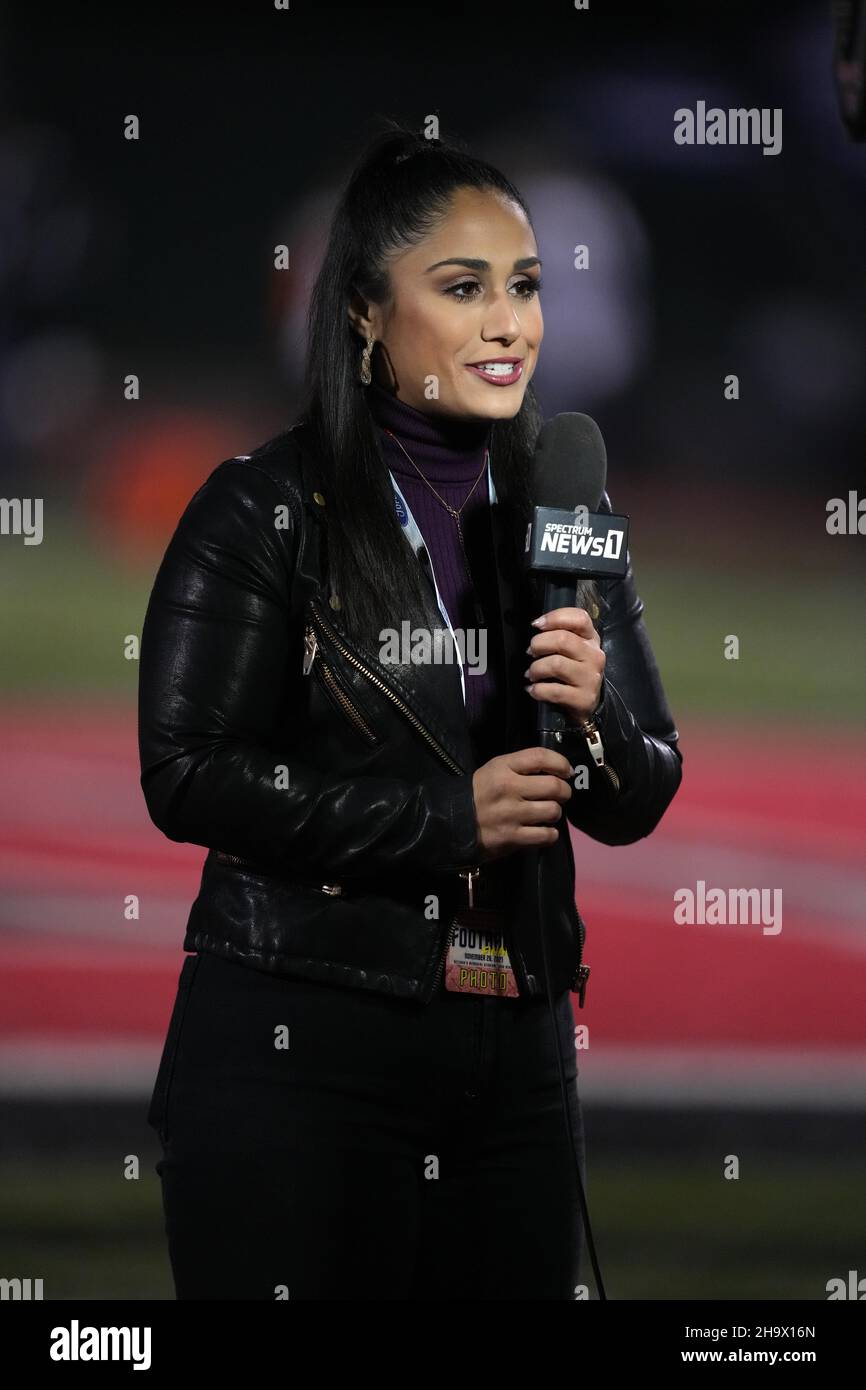 Specrtum 1 News reporter Kristen Lago at the CIF Southern Section Division I football championship between the Servite Friars and the Mater Dei Monarc Stock Photo
