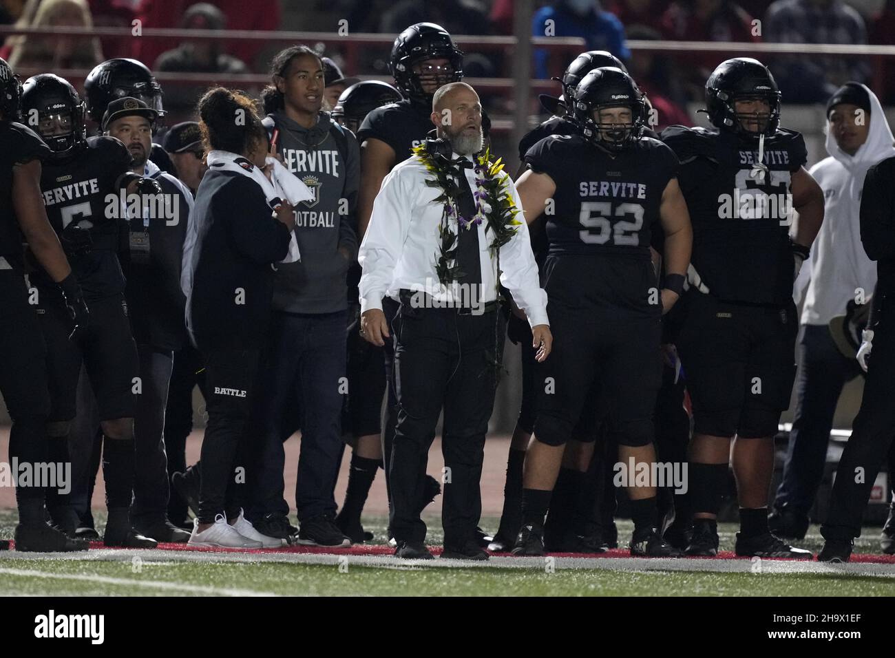 Servite Friars coach Troy Thomas watches from the sidelines against the Mater Dei Monarchs during the CIF Southern Section Division I football champio Stock Photo