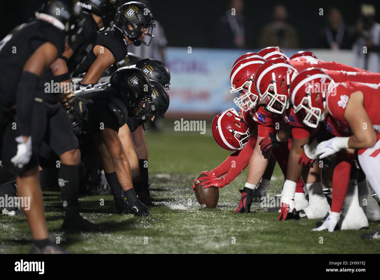 A general overall view of the line of scrimmage during the CIF Southern Section Division I football championship between the Servite Friars and the Ma Stock Photo