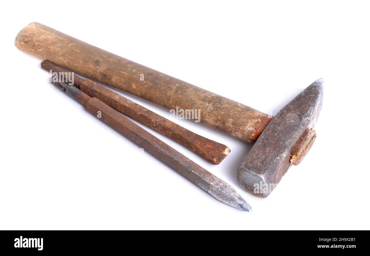 Vintage old rustic claw hammer with Chisel. Isolated Stock Photo