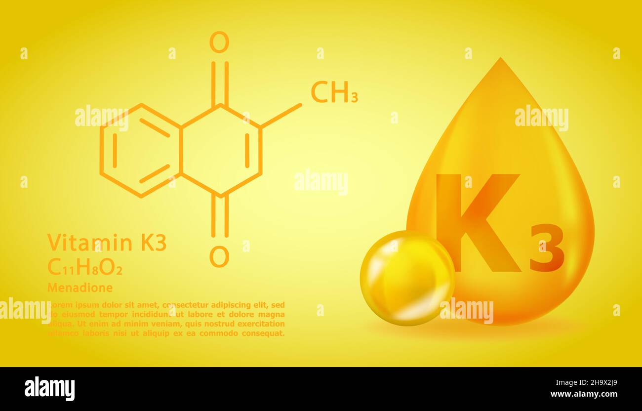 Realistic K3 Menadione Vitamin drop with structural chemical formula