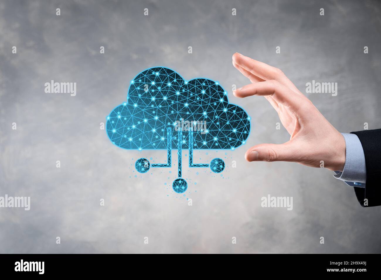 Cloud technology. Polygonal wireframe cloud storage sign with data collection icon on dark blue. Cloud computing, big data center, future infrastructu Stock Photo