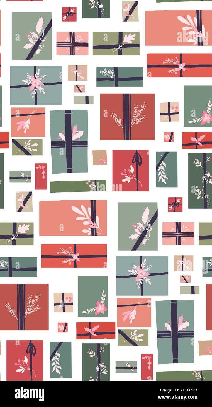 Vector seamless holiday pattern with hygge gift boxes with ribbons and ...