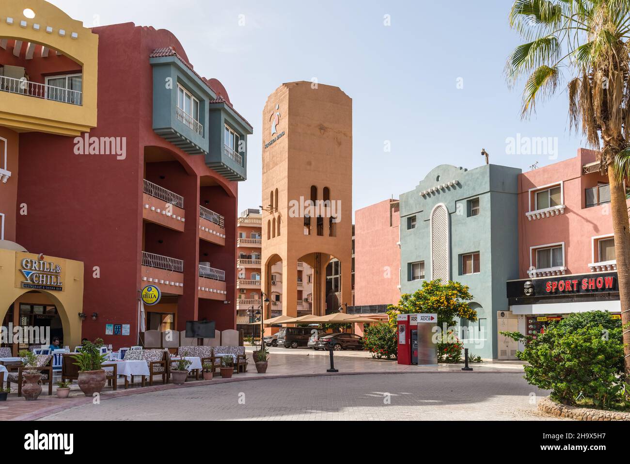 Hurghada, Egypt - May 31, 2021: Street view of New Marina boulevard in Hurghada with tourist shops and restaurants, popular beach resort town along Re Stock Photo