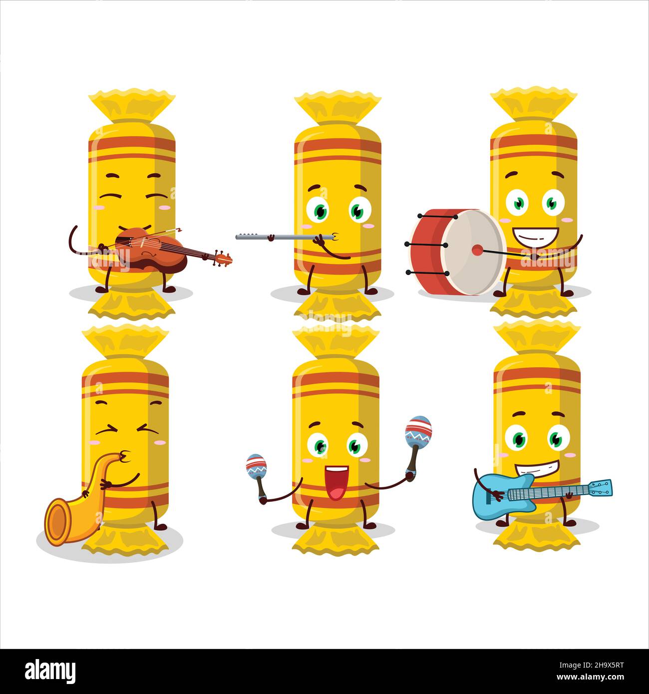 Cartoon character of yellow long candy package playing some musical ...