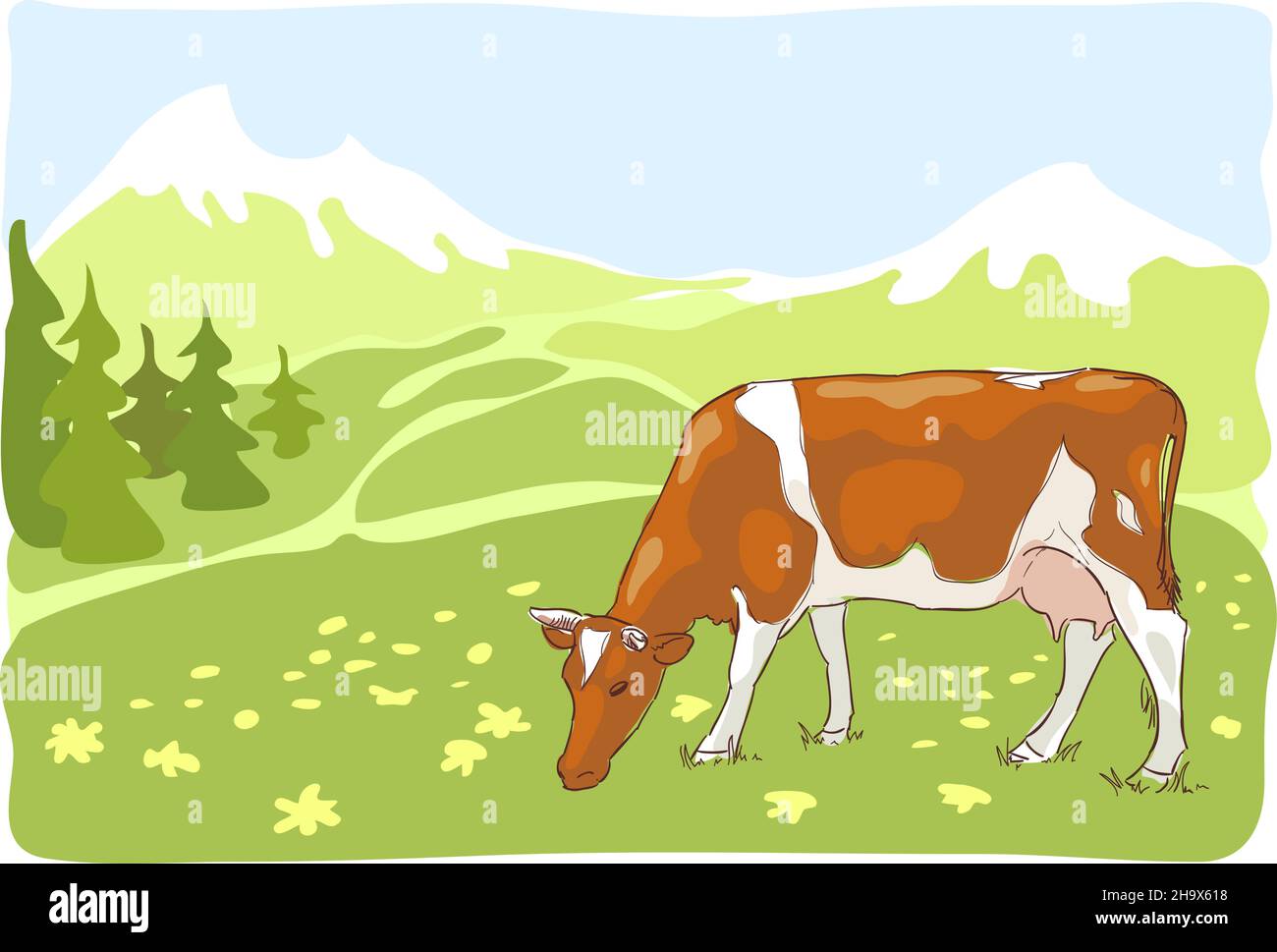 The white and red cow is grazed on the Alpine meadow. Vector illustration. Stock Vector