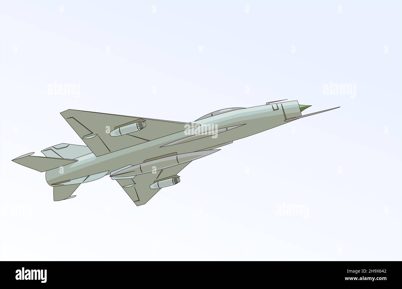 The Mikoyan-Gurevich MiG-21 (Fishbed) is a supersonic jet fighter aircraft, designed by the Mikoyan-Gurevich Design Bureau in the Soviet Union. Stock Vector
