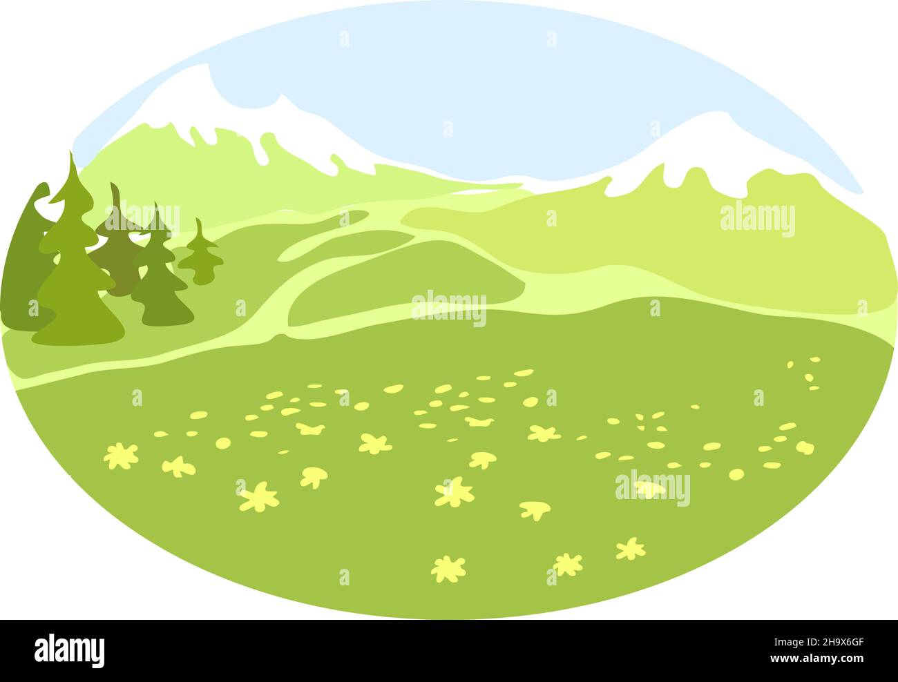 Meadow in a mountain valley. Vector illustration. Stock Vector