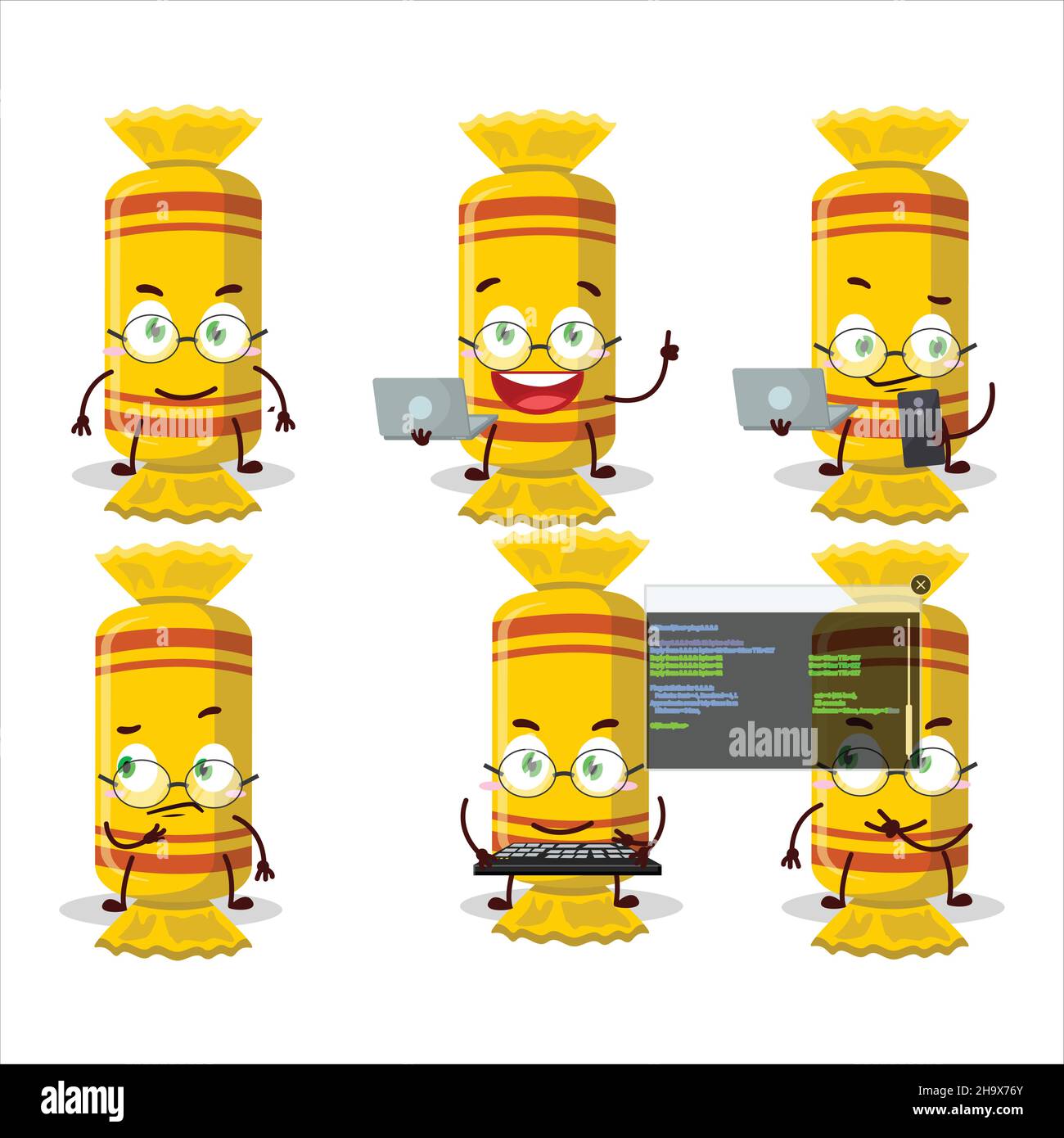 Packet Program Cartoon Yellow long candy package Programmer cute cartoon character with ...