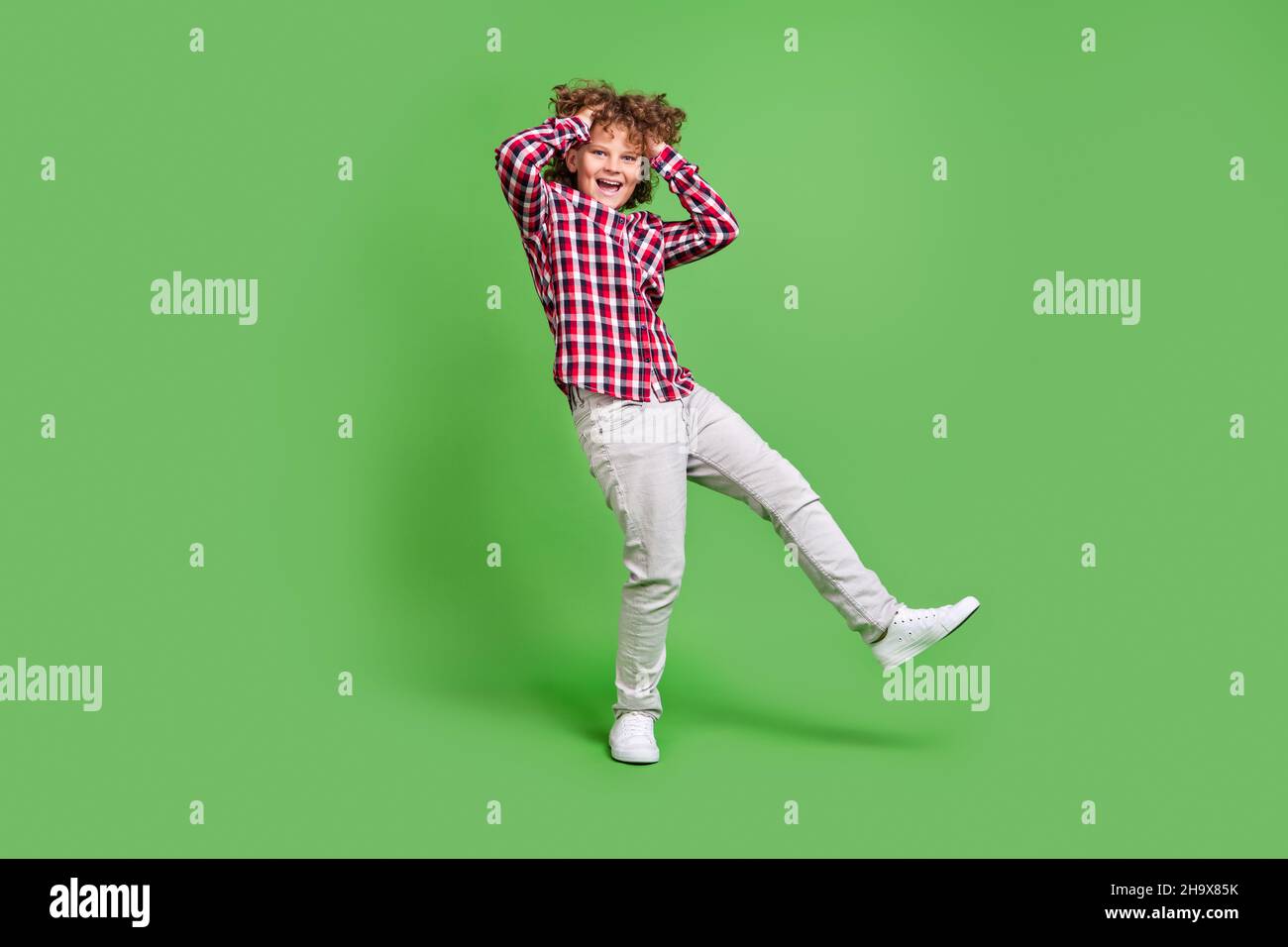 Full length body size view of attractive cheerful funky guy fooling ...