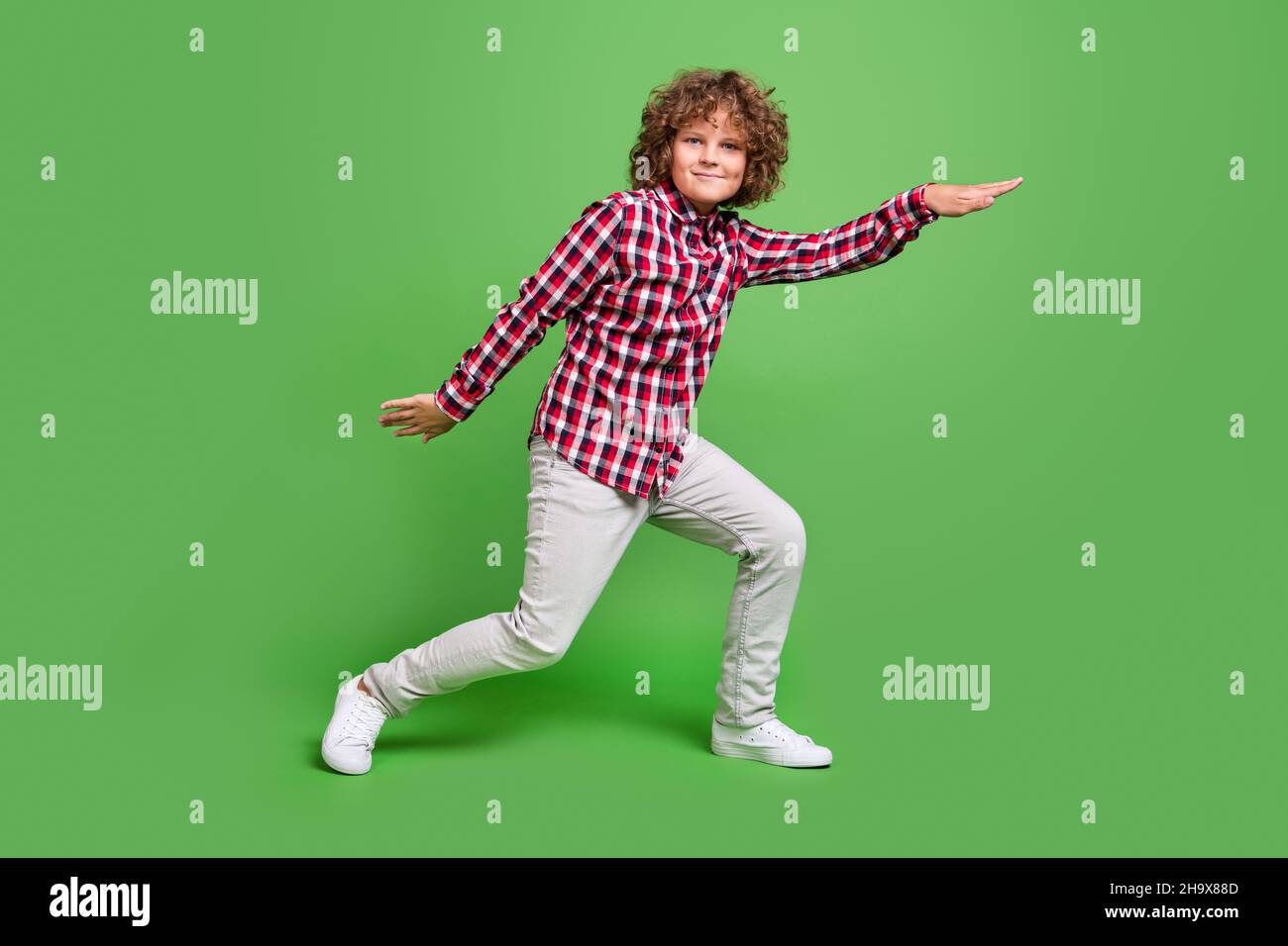 Full length body size view of attractive cheerful funny guy moving ...