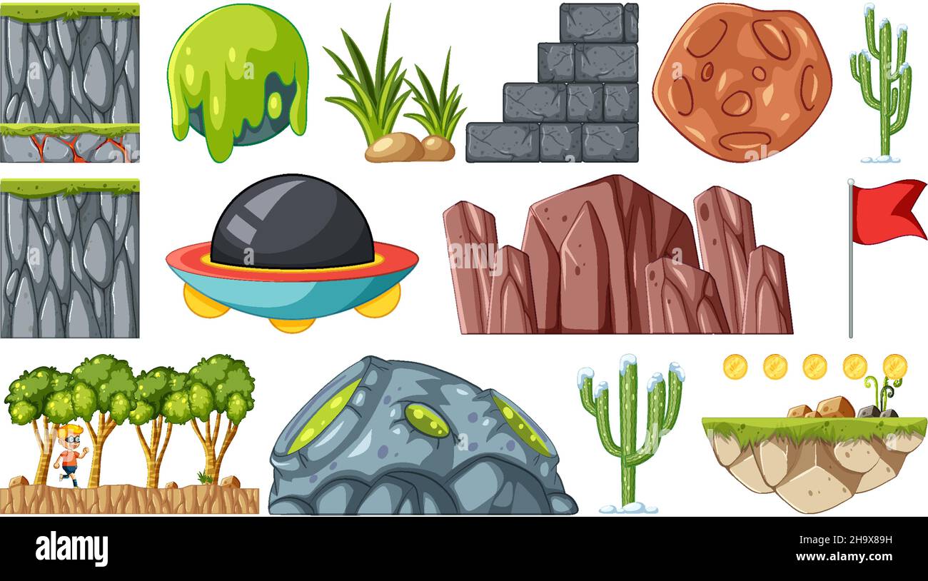 Set of isolated fantasy space game objects and elements illustration ...