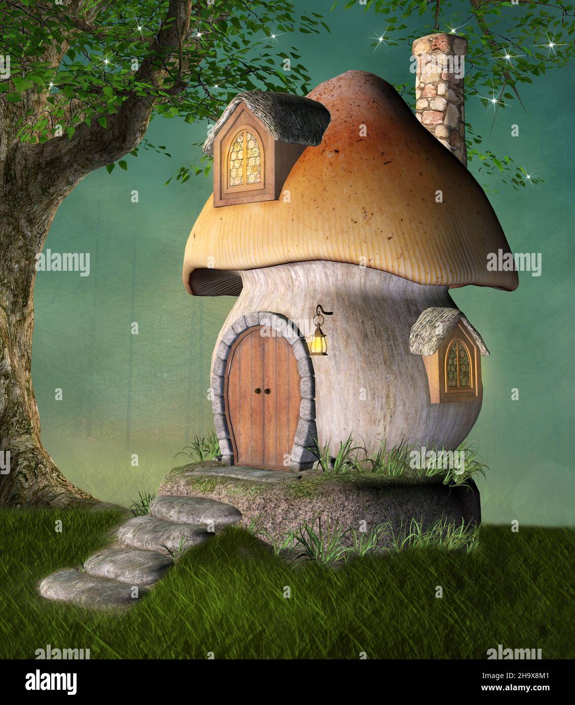Fantasy mushroom house by a tree in a green meadow Stock Photo