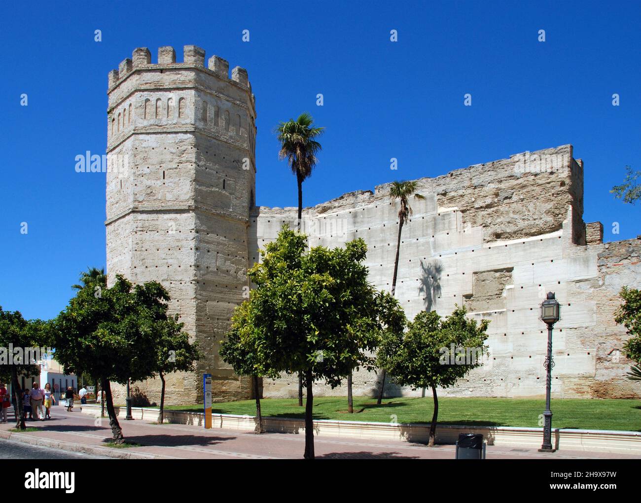 View of the castle wall and turret, Jerez de la Frontera, Spain. Stock Photo