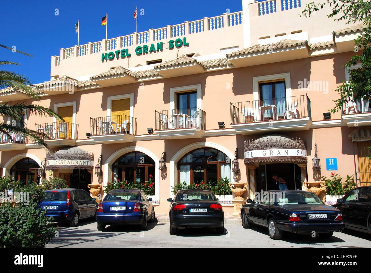 Front view of the Hotel Gran Sol, Zahara de los Atunes, Cadiz Province, Andalusia, Spain, Europe, Spain. Stock Photo