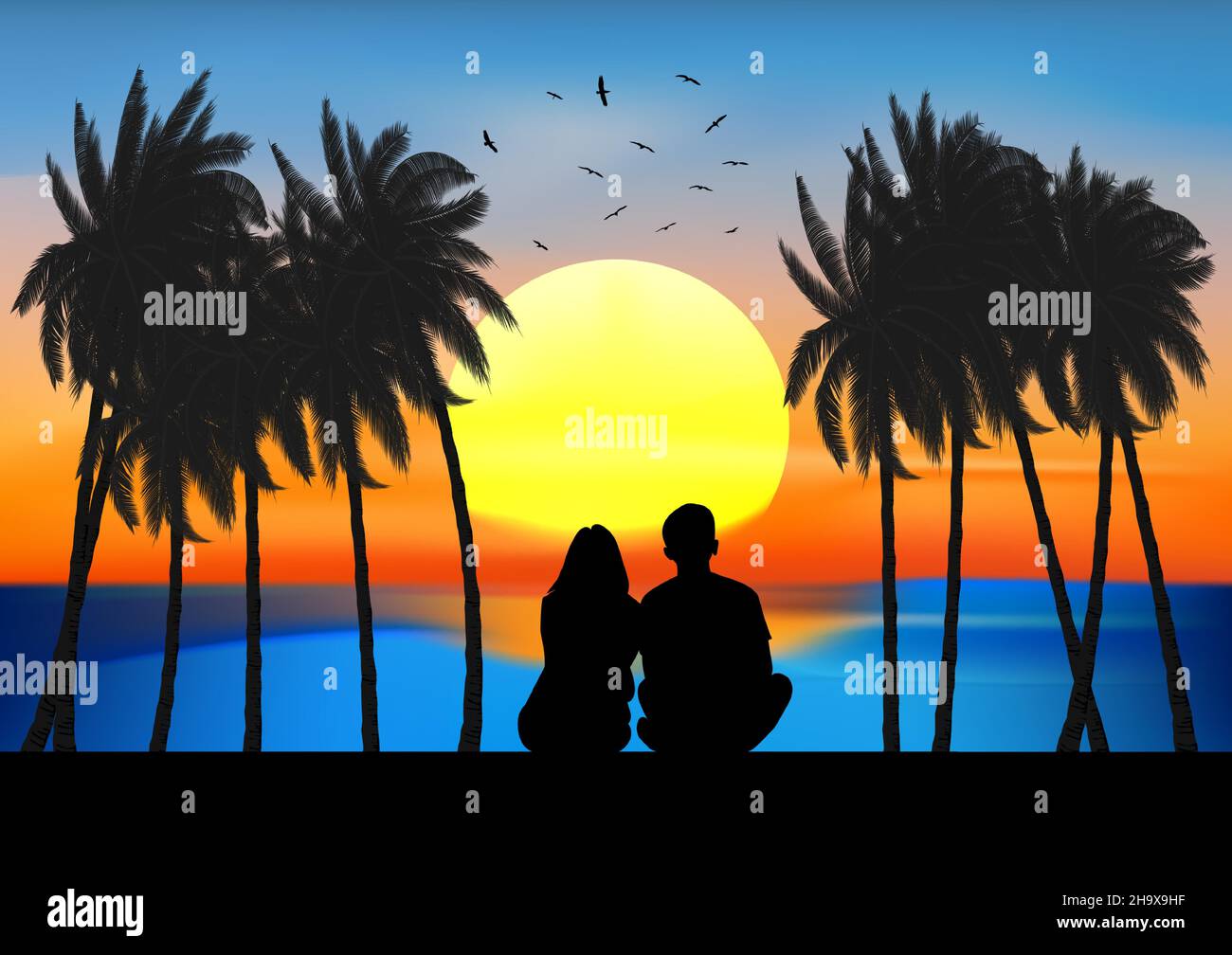 graphics image A couple man and women sitting look at sunset on the ...