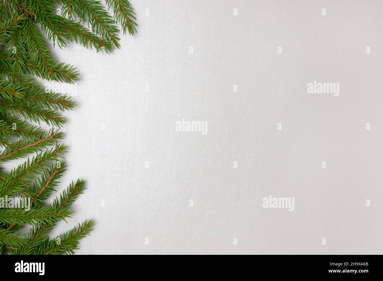 Fir branches frame on a silver colored background. Festive composition. Stock Photo
