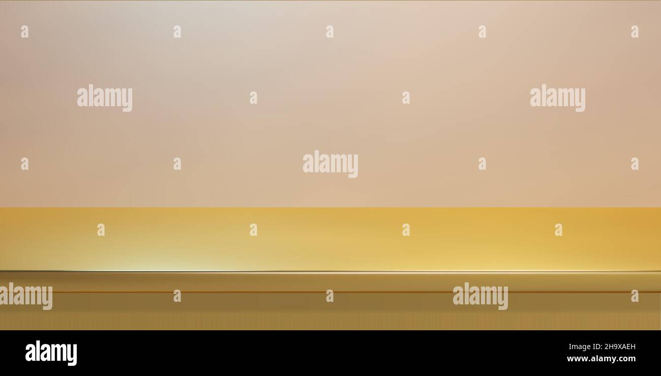 Yellow gold steel countertop, empty shelf. Vector realistic mockup of table top, kitchen counter on pastel background with spot light. Bar desk surfac Stock Vector