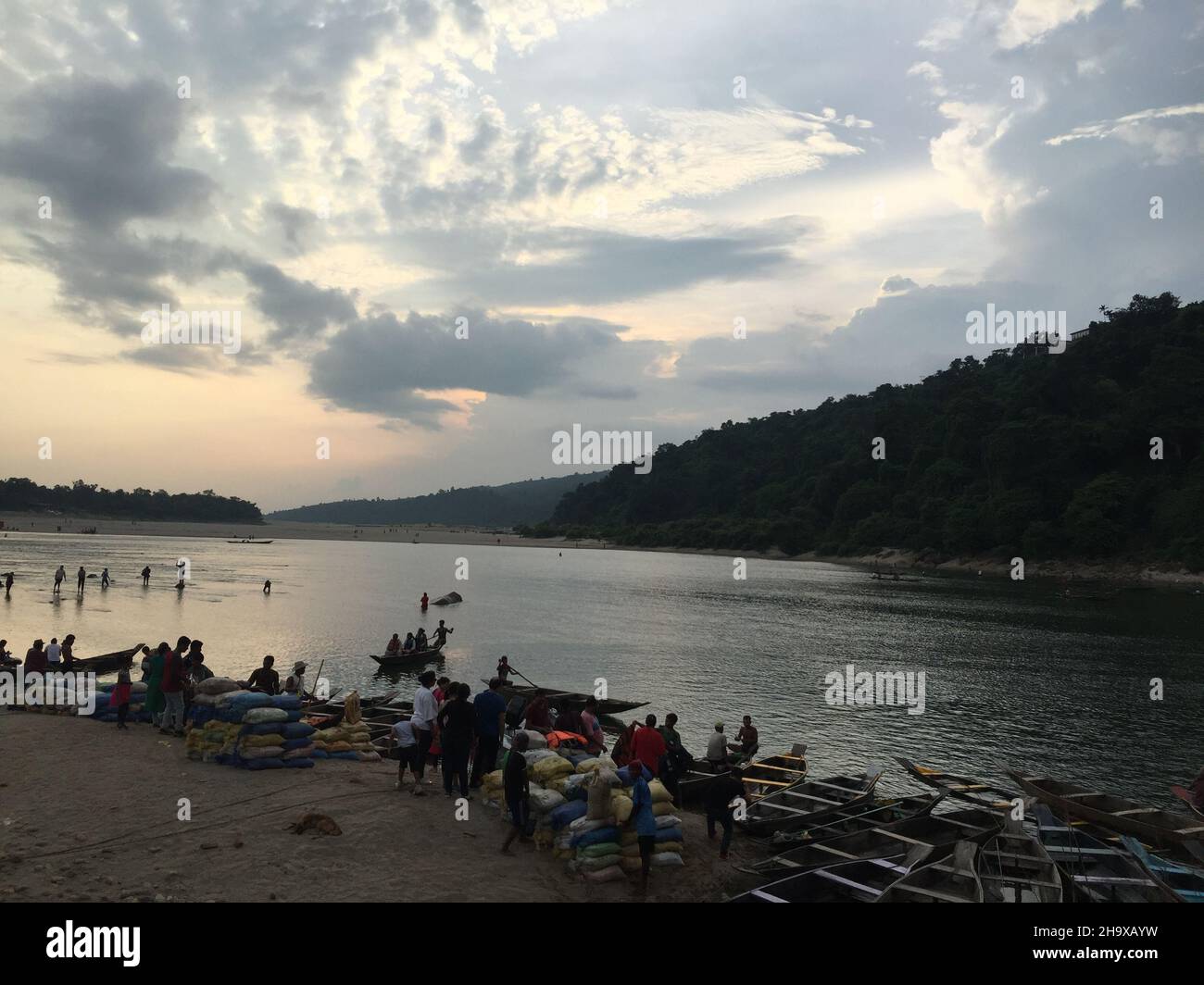 Shot of boats for hire at Dawki river in Meghalaya for tourists Stock Photo