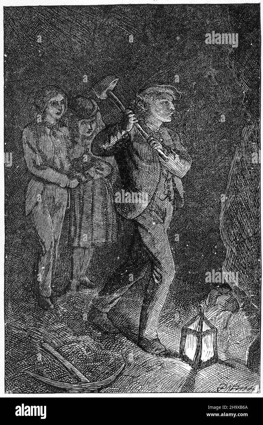 Engraving of a miner chipping away at a wall while two young people look on Stock Photo