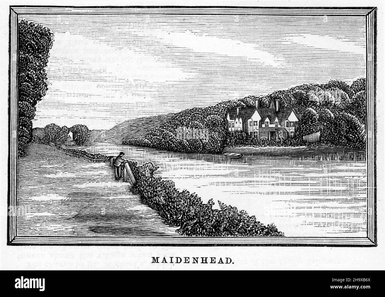 Engraving of Maidenhead, England, from a fishing guide for the Thames