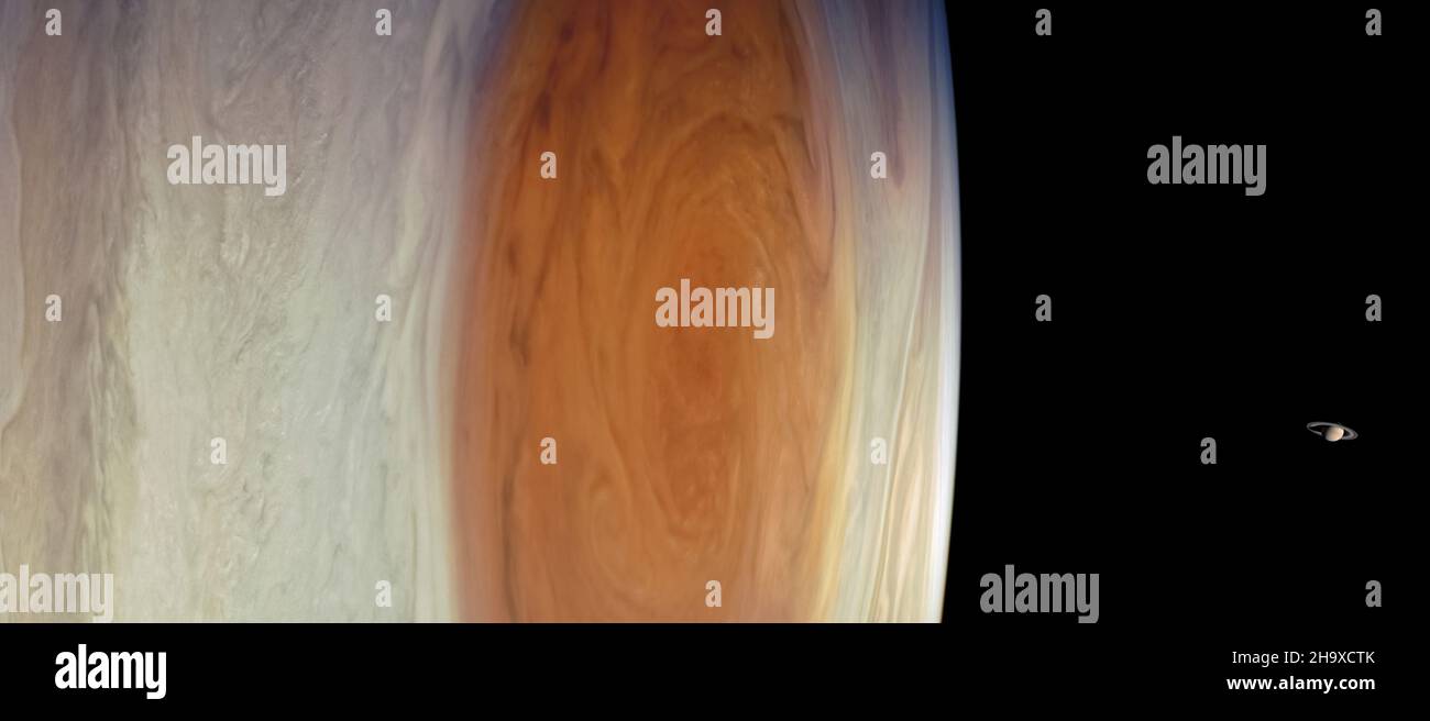 The great red spot on Jupiter planet. Elements of this image furnished by NASA. Stock Photo