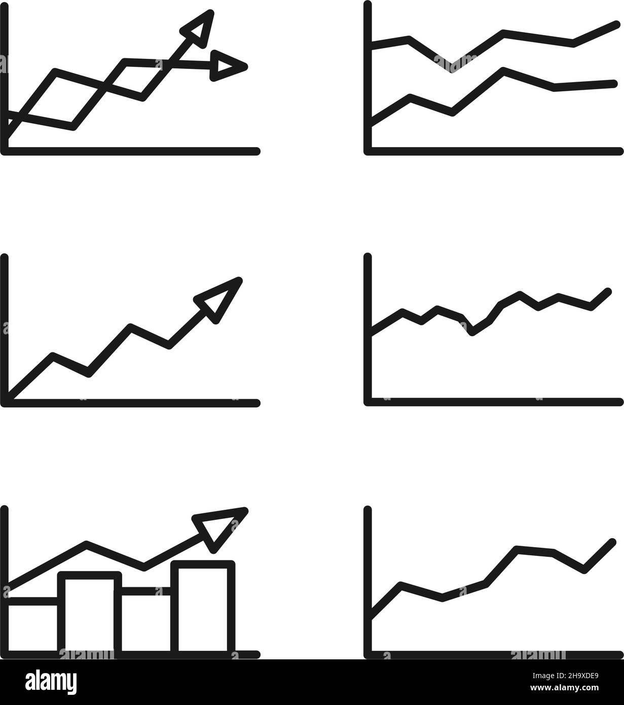 Line art black and white rising graph set. Vector illustration for leaflet, web site or application decor Stock Vector