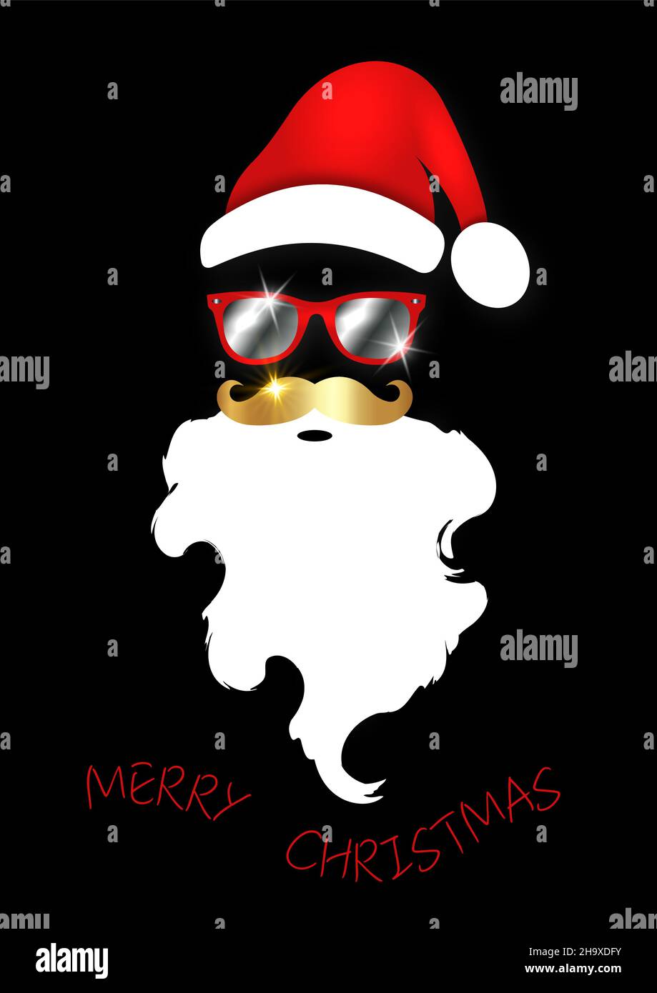 Santa Claus Christmas red hat, white beard, gold mustache and fashion mirrored sunglasses, festive xmas party decoration. Vector illustration Stock Vector