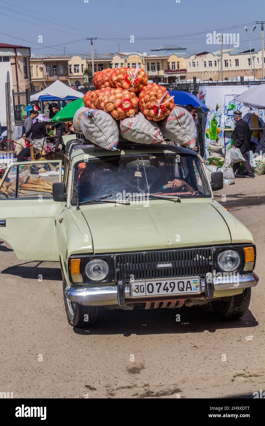SAMARKAND, UZBEKISTAN APRIL 27, 2018 Onion loaded car at the Siyob
