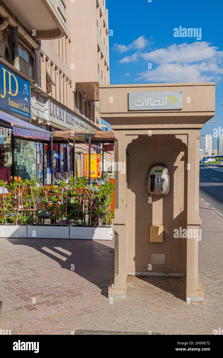 DUBAI, UAE - JANUARY 19, 2018: Traditionall decorated phone booth in Dubai, UAE Stock Photo
