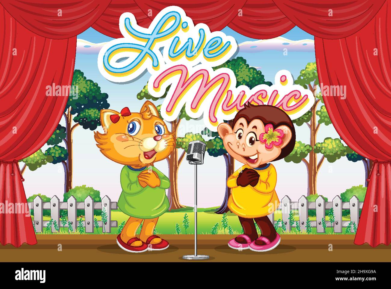 Cat and monkey performing singing on stage illustration Stock Vector