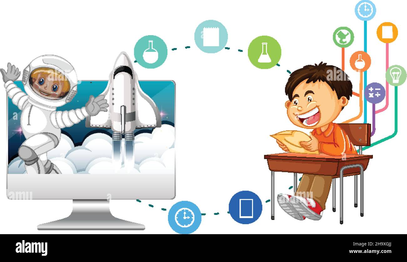 School boy with computer and education icons illustration Stock Vector ...
