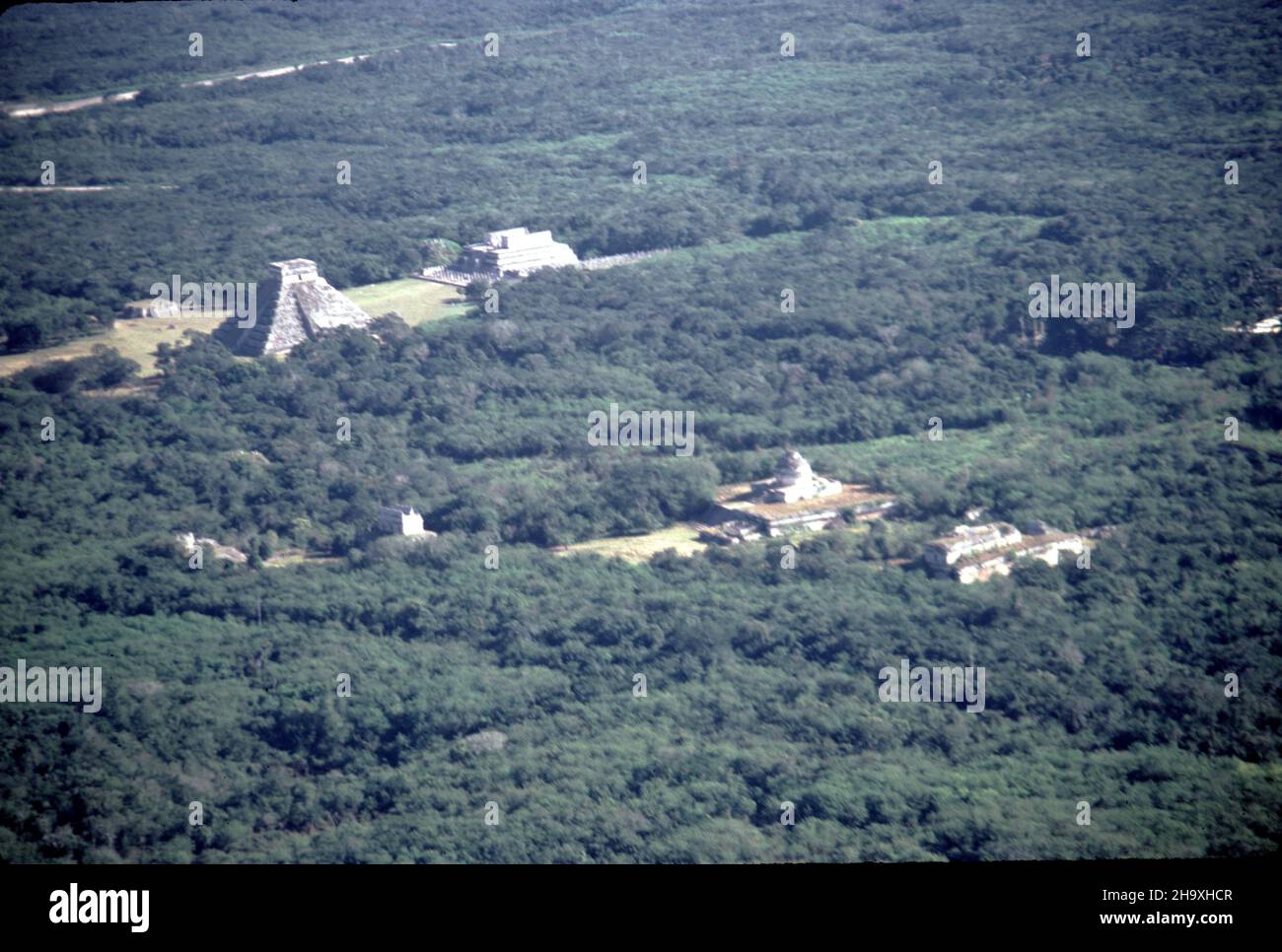 Chichen Itza Mexico. 12/27/1985. Aerial image of Chichen Itza ruins Stock Photo