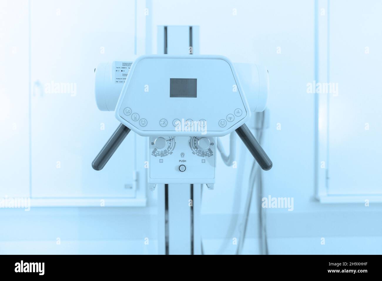 Xray department in modern hospital. Radiology room with scan machine