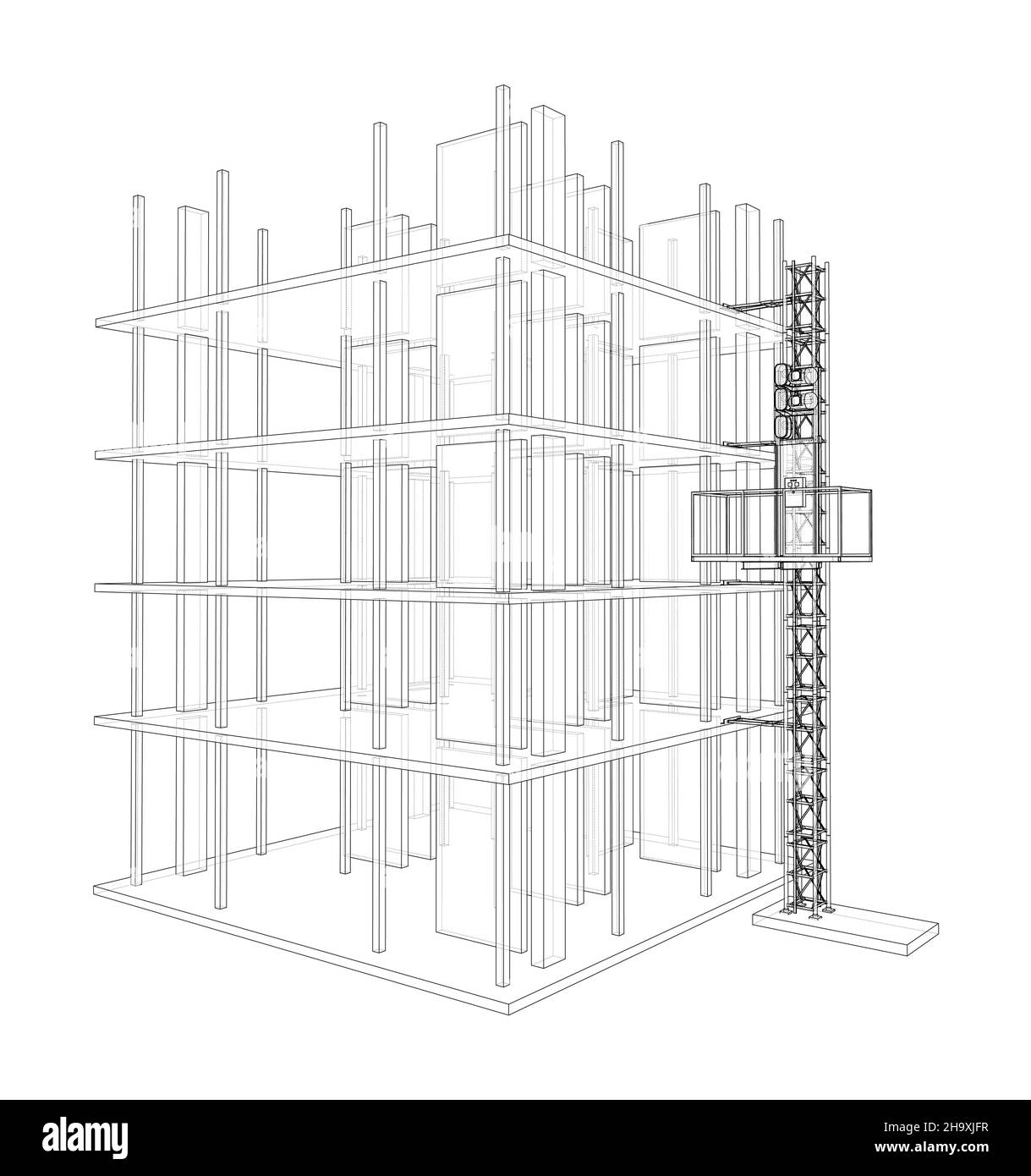Building under construction with mast lifts Stock Photo