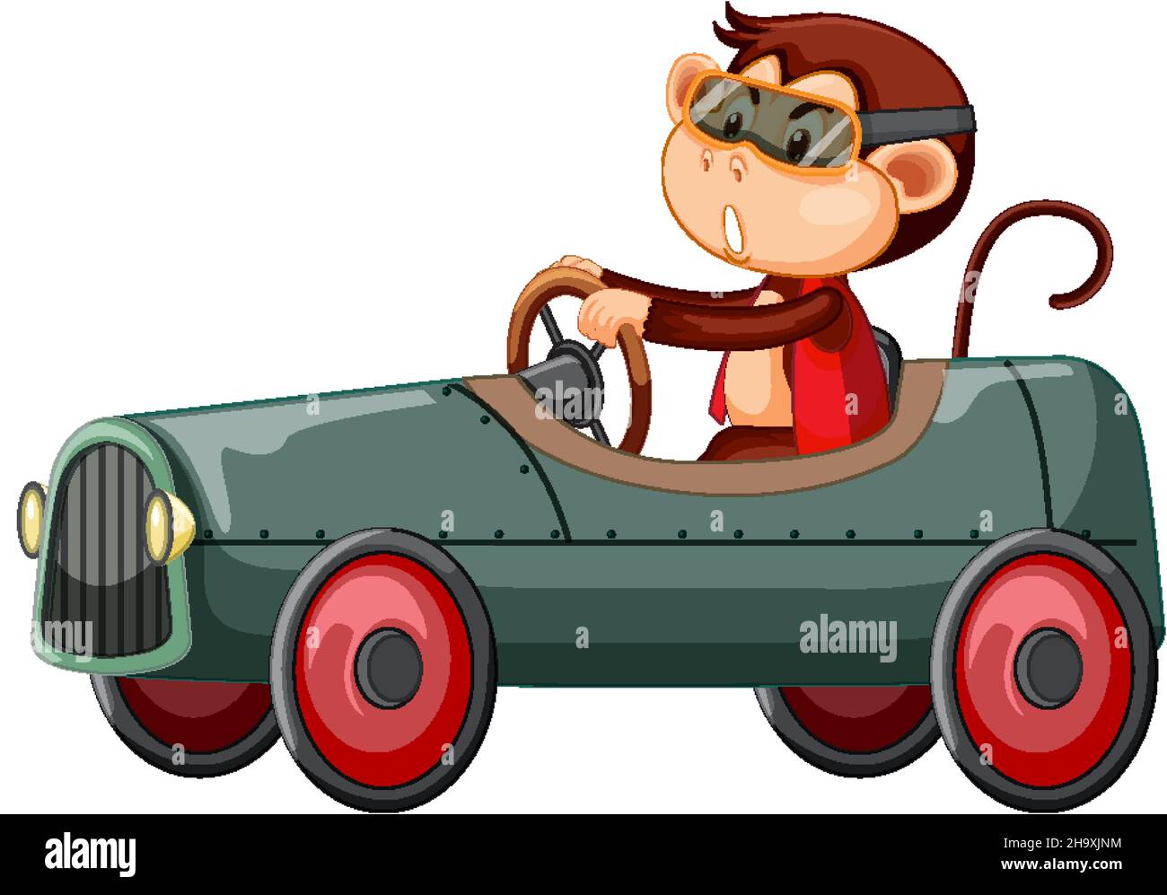 Little monkey driving race car on white background illustration Stock