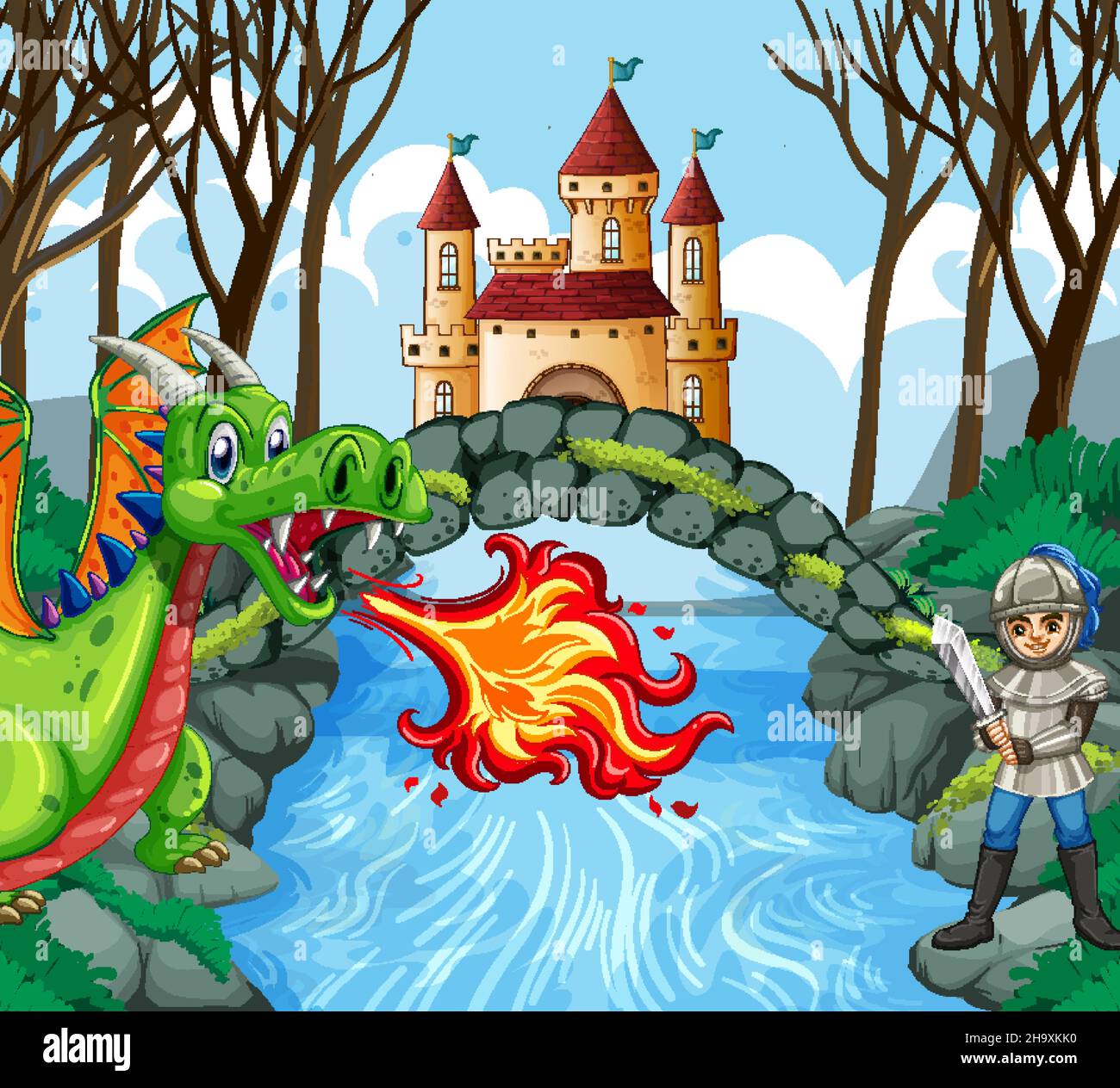 Dragon and knight in castle forest scene illustration Stock Vector ...