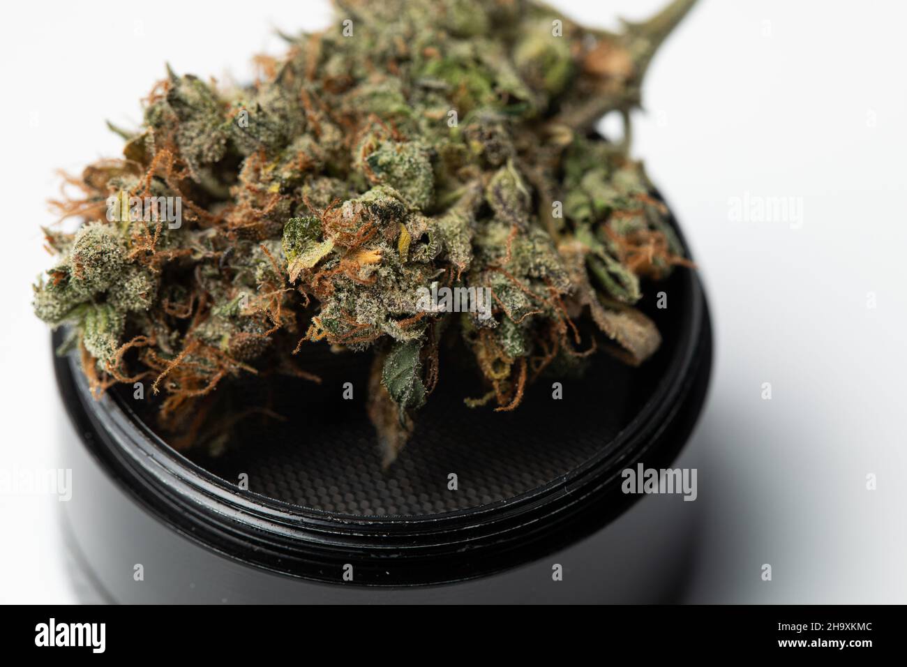 Metallic black grinder with buds of marijuana, weed cannabis, medical marijuana Stock Photo
