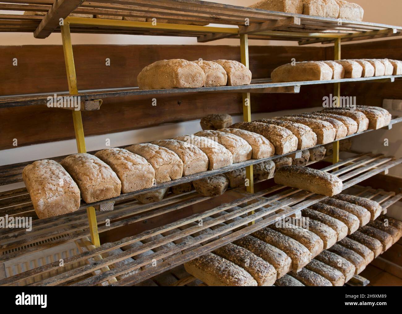 Assorted tin loaves cooling on wooden shelves in a bakery Stock Photo ...