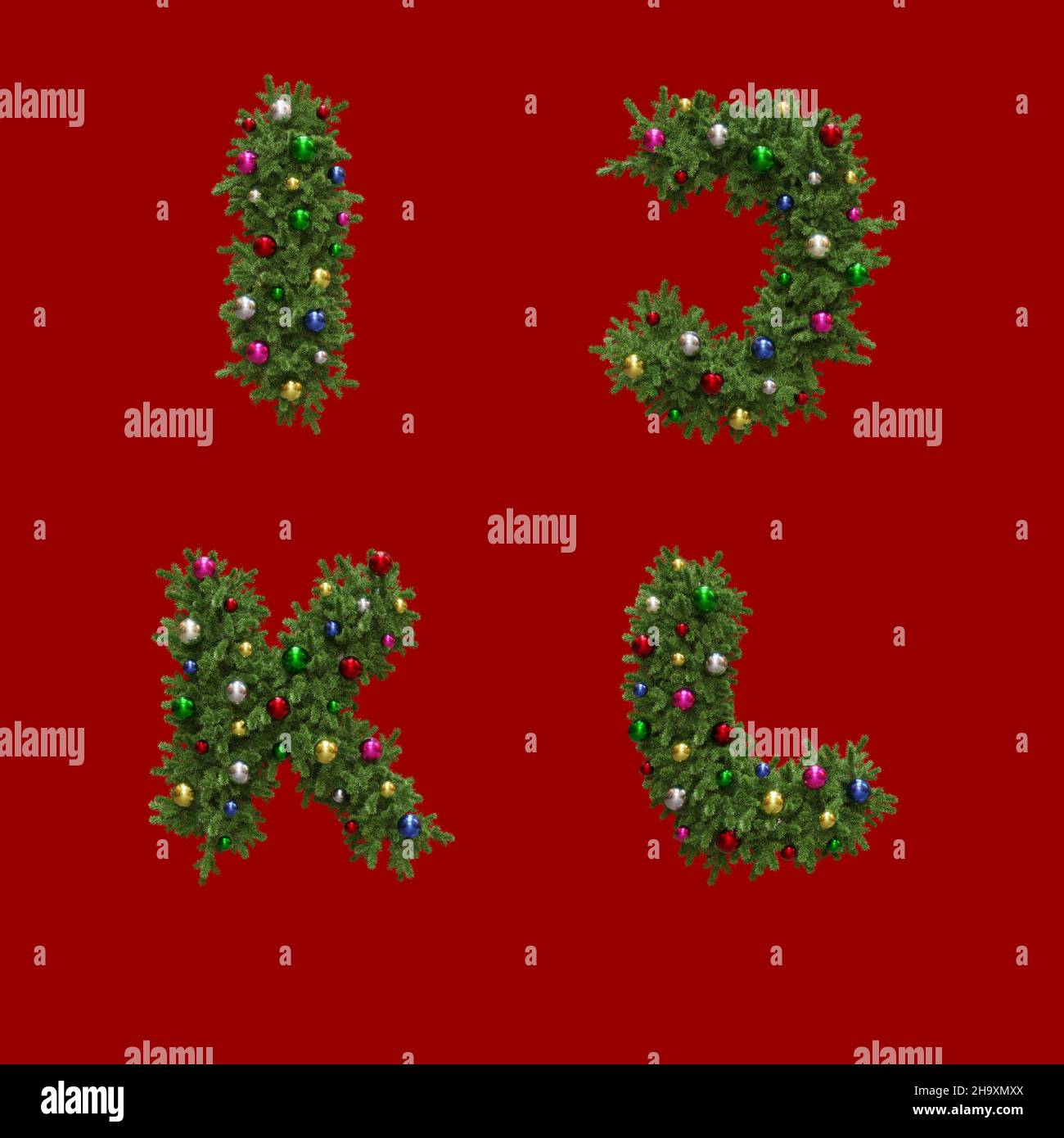 3D rendering of christmas wreath-style alphabet - letters I-L Stock Photo